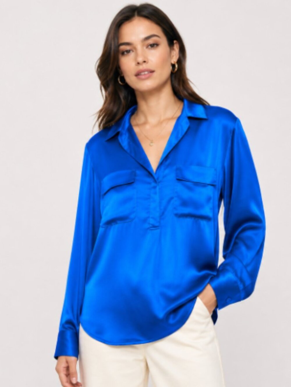XL size Royal blue satin long-sleeve blouse with two front pockets